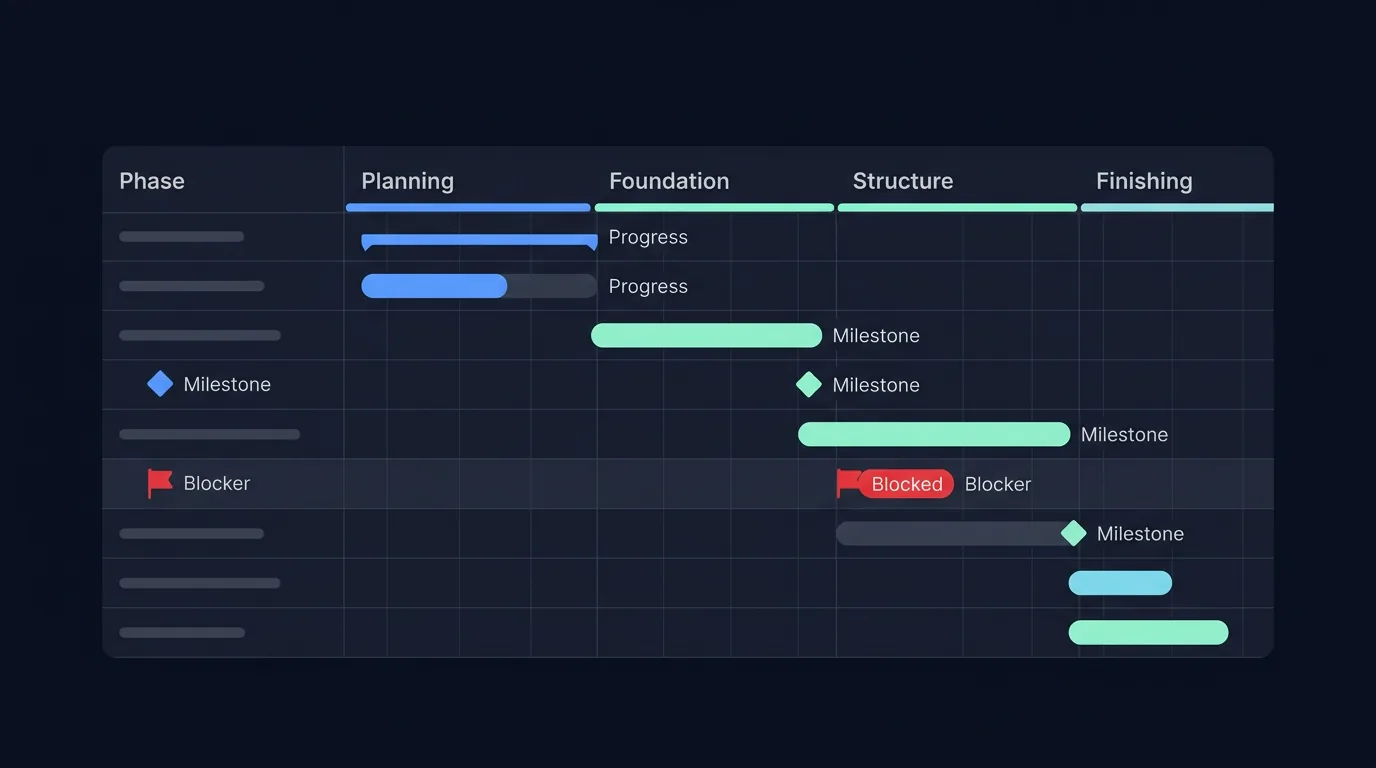 Illustration of a project timeline with phases, milestones, and a blocked task highlighted.